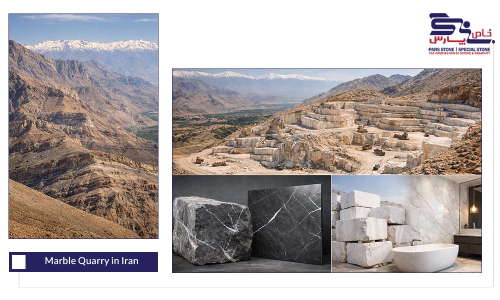Aerial view of a large marble quarry in Iran with terraced stone cuts, machinery, and rugged terrain